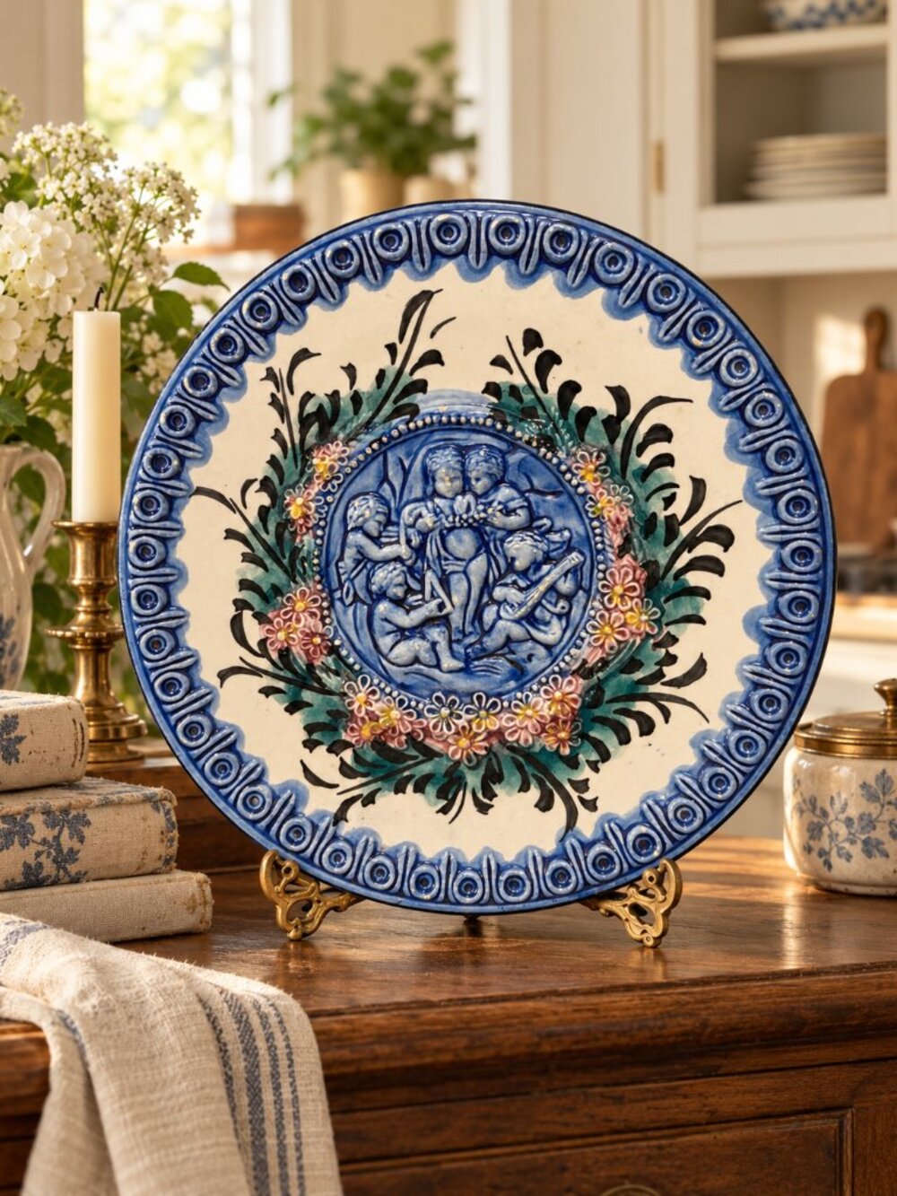 Antique French Majolica Barbotine Angels Plate